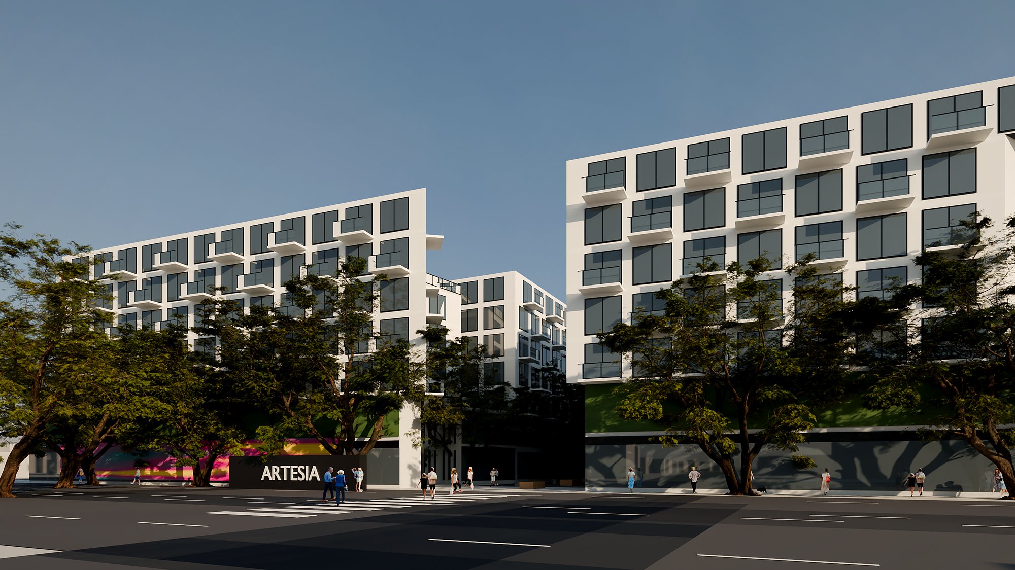 Aerial concept rendering of Artesia Gateway: two mid-rise buildings with planted podium decks at 168th Street and Pioneer Boulevard